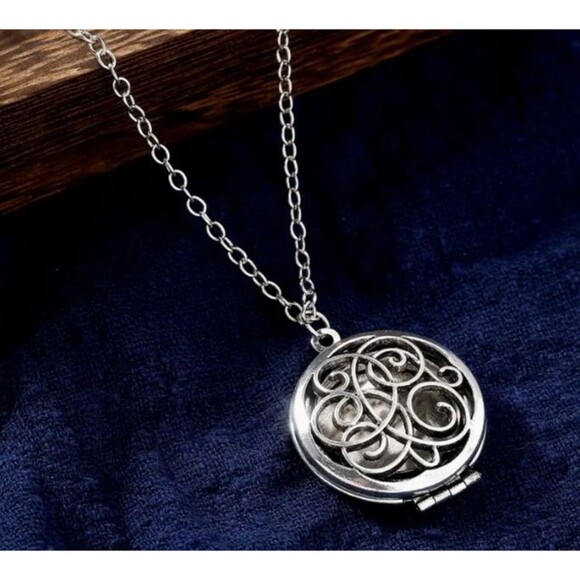 Round Swirls Silver Blue Glow LOCKET Necklace - Picture 2 of 3